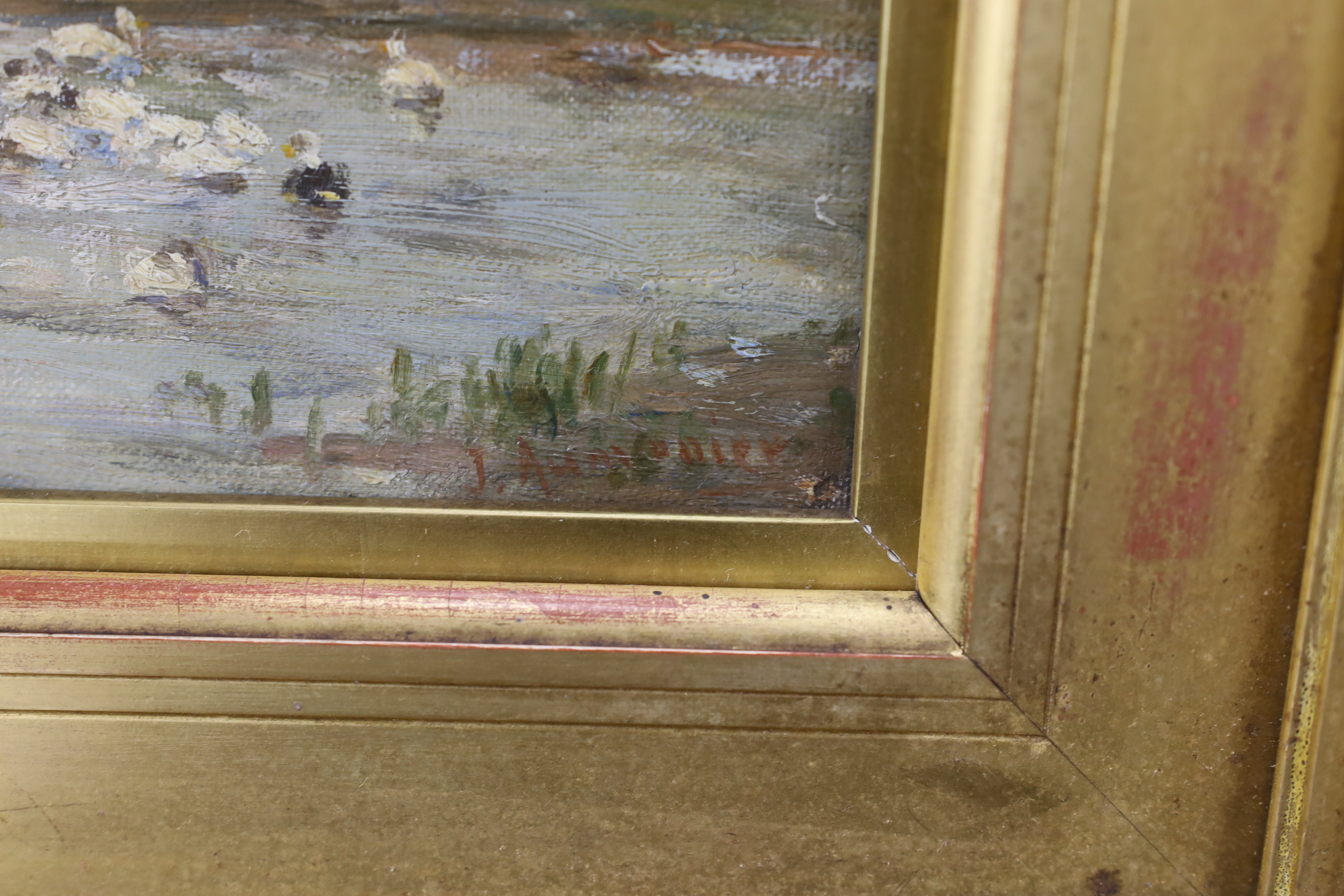 James Aumonier (1832-1911), impressionist oil on board, Rural landscape with farmhouse and duck pond, signed, 22 x 30cm, ornate gilt framed